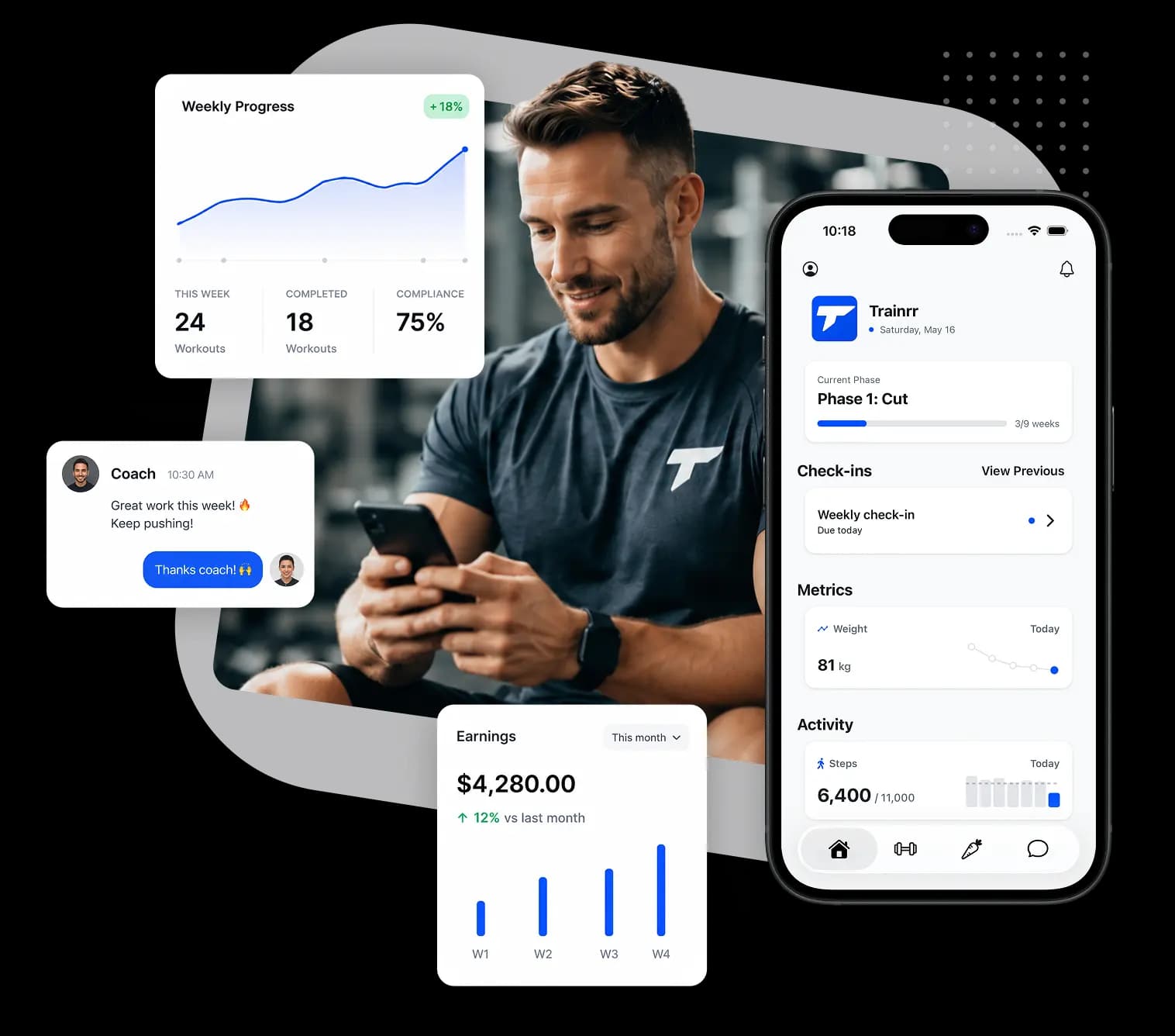 Trainrr coach and mobile app dashboard preview